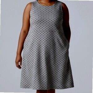 Lands End Dress 24W Grey Black Polka Dot Sleeveless Pockets‎ thick evening
